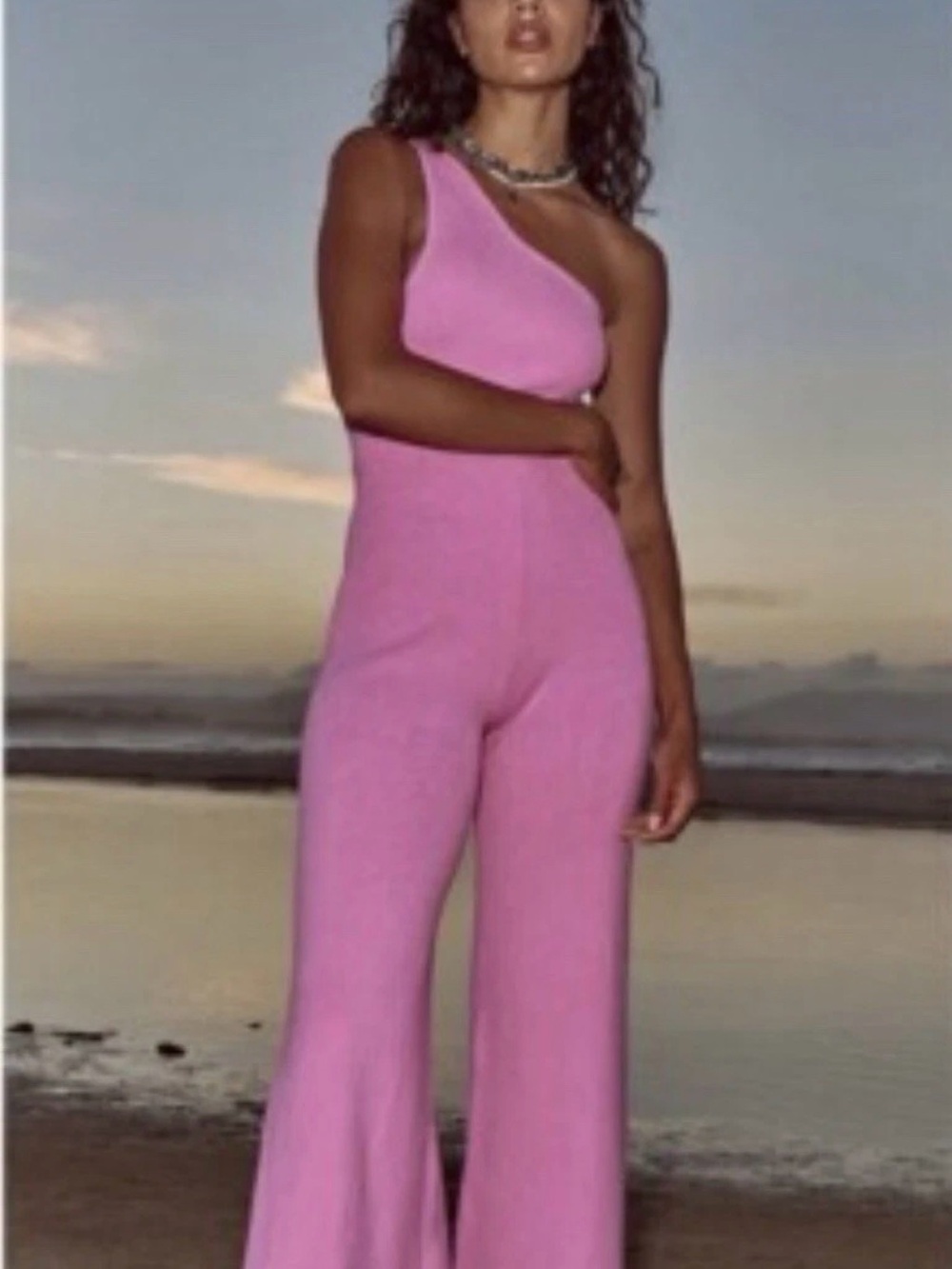 Free People Beach Waverly One-Shoulder Pink Wide-Leg Sweater Jumpsuit